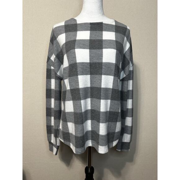 BKE Women’s Pullover Sweater Medium Gray And White Checkered Long Sleeve Soft - Picture 1 of 11